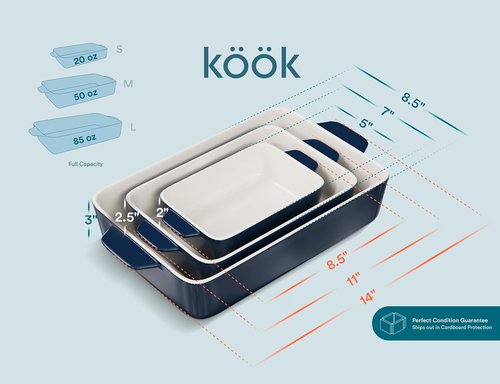 Kook Casserole Dish Set - Durable Ceramic Baking Pans with Handles | Large 8.5 x 14, 11 x 7, 8 x 5 (Navy)