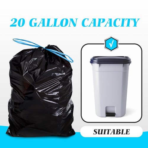 Teivio 20 Gallon 60 Counts (fit 18-20 Gal) Large Drawstring Trash Bags Strong Tall Kitchen Compactor Bags Garbage Bags for Home/Office/Light Residential Waste/Outdoor Trash Can, Lawn，Black Trash