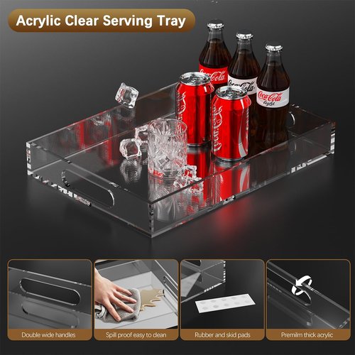 2 Pack Acrylic Serving Tray with Handle-17x12x2.4&16.2x11.2x2.4 Inch Clear Acrylic Trays Set for Kitchen,Bathroom -6mm Thick Large Stackable Display Organizer,Non Slip