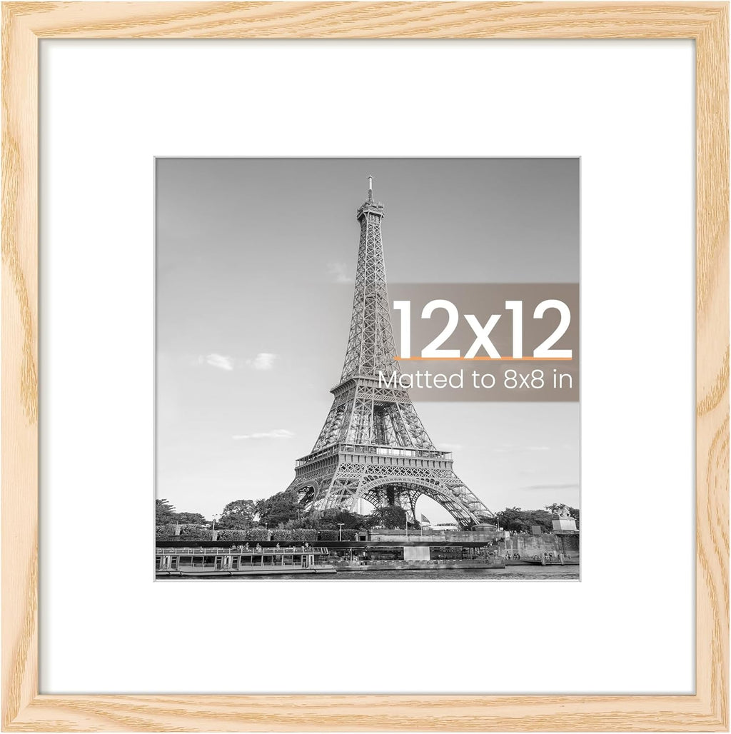 Upsimples 12x12 Picture Frame - Display 8x8 Photos with Mat or 12x12 Without | Natural Finish, 1 Pack