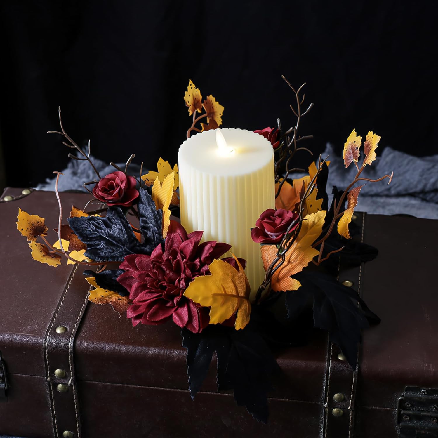 Regine Switzerland Halloween Candle Rings - Red Flowers & Artificial Maple Leaves | Perfect Table Centerpieces