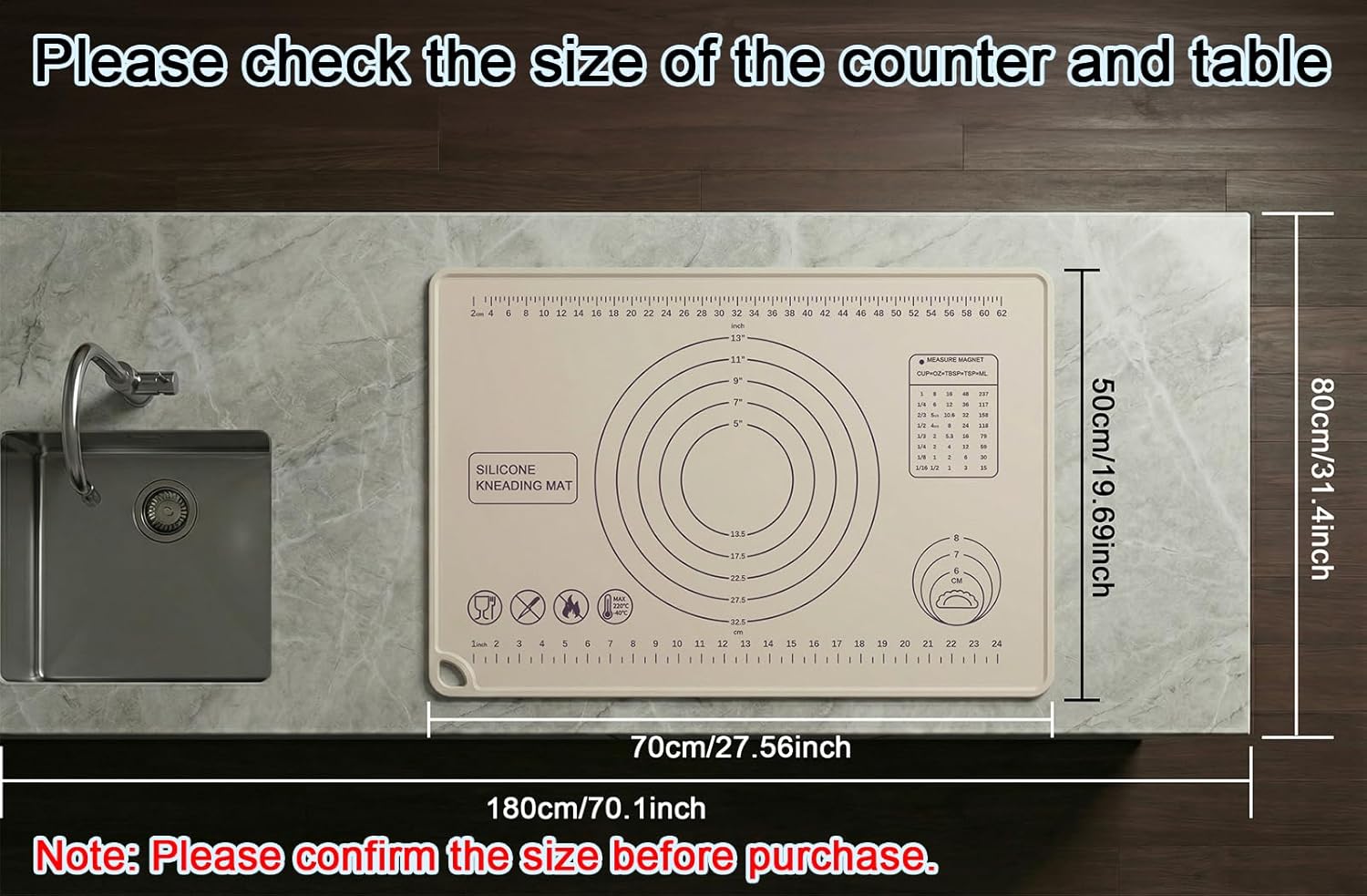 Skiennix Silicone Pastry Mat - Extra Thick Non-Stick Baking Mat with Measurements | 28" x 20" | Beige