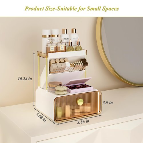 FOLLOWIN 3 Tiers Makeup Organizer with Drawer,Cosmetic Display with Lipsticks Brush Holder,Cosmetics and Beauty Supplies Organizers for Vanity,Dresser,Bathroom Desktop Countertop Organizer,Amber