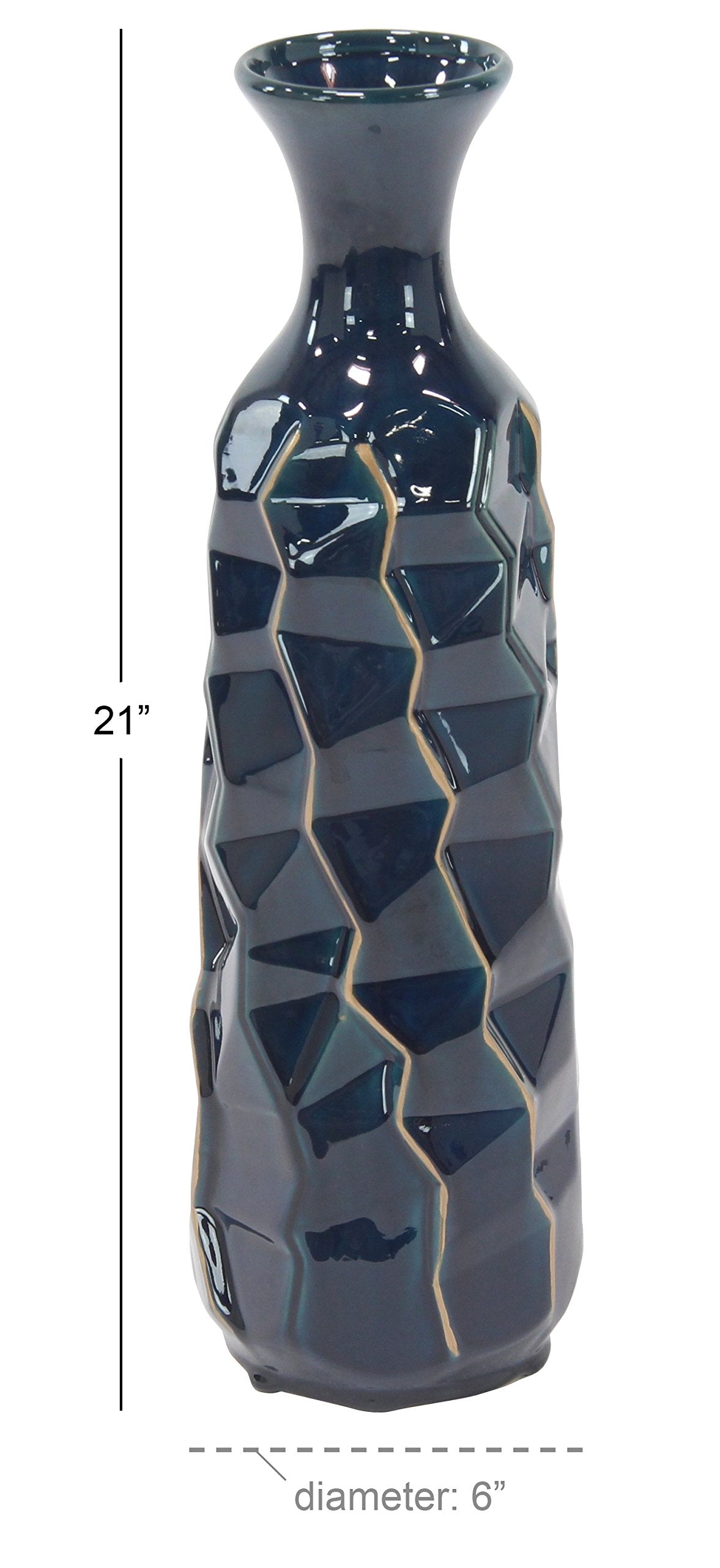 Deco 79 Ceramic Decorative Vase Faceted Centerpiece Vase with Gold Accents, Flower Vase for Home Decoration 6" x 6" x 21", Teal