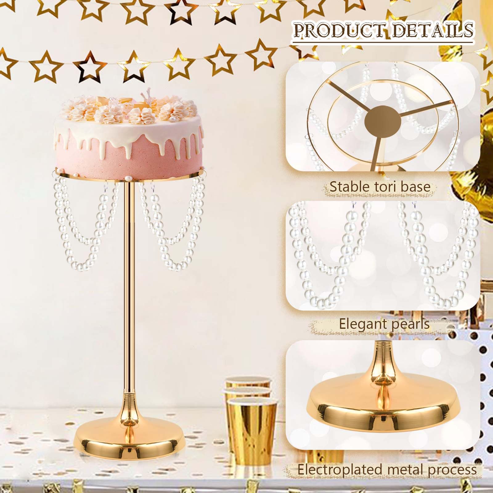 kolnlala Set of 6 Gold Round Pearl Cake Stand, Dessert Table Metal Cake Display Stand Set with Pearl Pendant Wedding Birthday Cake Base Stand for Wedding Anniversary Birthday Party Celebration