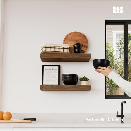BAOBAB WORKSHOP Walnut Floating Shelves - 16 Inch Wall-Mounted Solid Wood Set of 2 for Kitchen & Bathroom