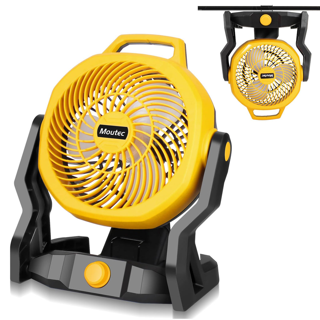 Moutec Battery Powered Fan, Cordless Jobsite Fan Compatible with DeWalt 20V & AC (adapter included). 650 CFM variable speed — for workshop, outdoor, camping. (Battery Not Included)