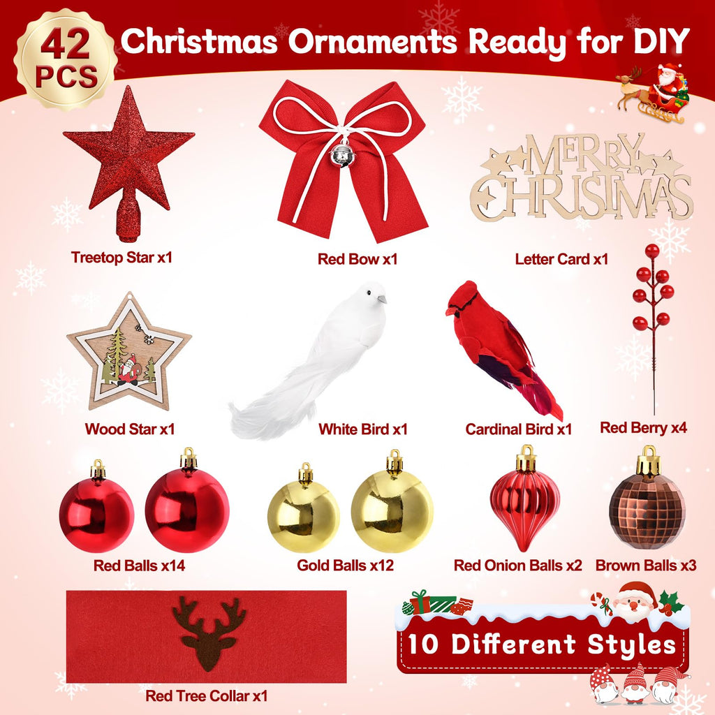 MARTINE MALL 2FT Small Christmas Tree with 30 LED Lights, Snowy Flocked Mini Christmas Tree Artificial Tabletop Xmas Trees with Cardinal Birds Red Bow Star Hanging Ornaments for Table Desk Small Space