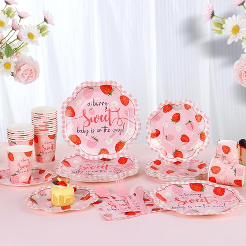 Gudvilla Strawberry Baby Shower Decorations for Girl, Berry Sweet Baby Shower Plates and Cups and Napkins Sets Serves 24, Strawberry Plates, A Berry Sweet Baby Is On The Way Decorations, Girl
