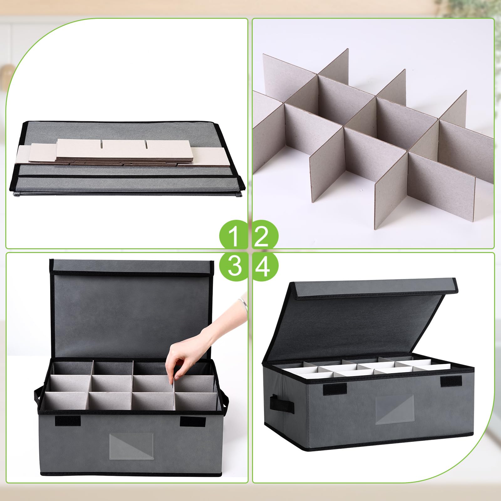 Suzile 4 Pack Cup and Mug Storage Box with Dividers Wine Glass Storage Box with Dividers, Lid and Handle, Holds 48 Coffee Mugs and Tea Cups for Glassware Protection Moving