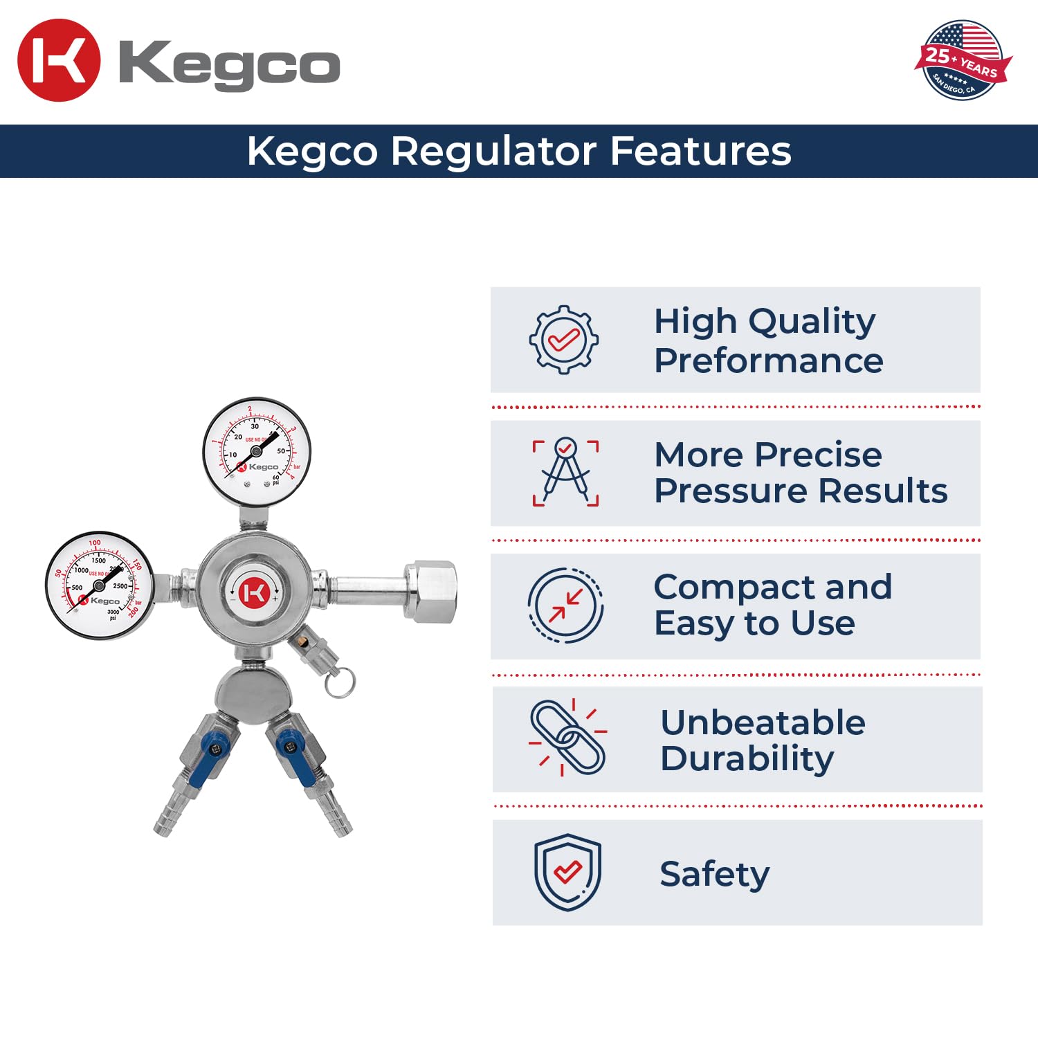 Kegco KC LH-542-2 Dual Product Premium Pro Series Dual Gauge Co2 Beer Regulator, Chrome