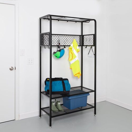 Honey-Can-Do Garage Entryway Storage Unit With Light, Hooks and Clothes-Hanging Bar, Black SHF-09842 Black