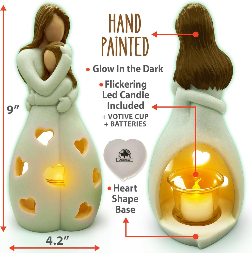 Mother-Daughter Candle Holder Statue - Glow in The Dark with Flickering LED | Hand-Painted Gift for Mother's Day, Christmas, Birthday