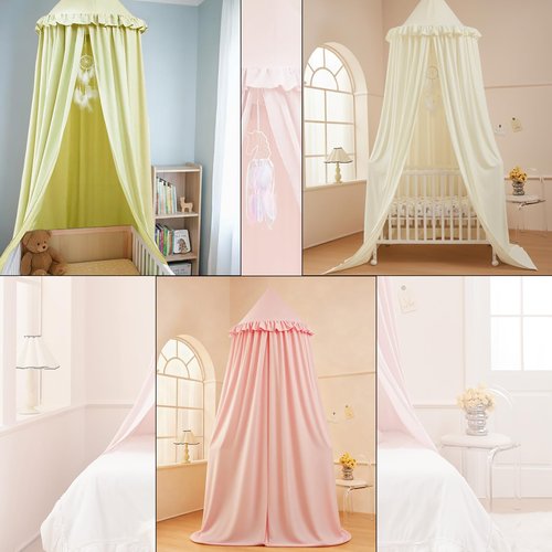 Akiky Kids Bed Canopy for Crib & Twin Size with Ruffles Dreamcatcher, Princess Girls Nursery Room Decor Toddler Baby Dome Round Hanging Tent Curtains Skirt Over Bed Reading Nook Play Tents Pink