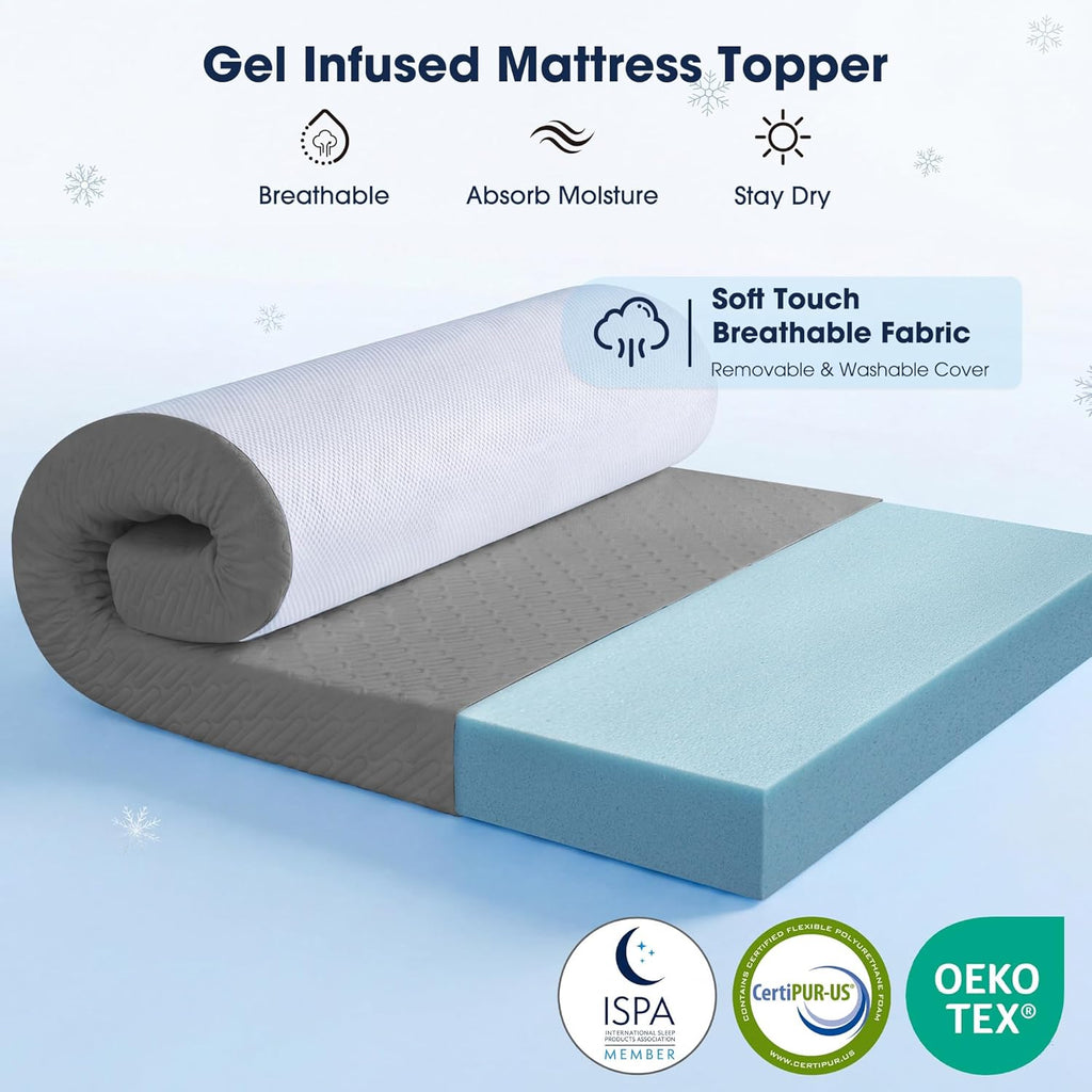 VALUXE Gel Memory Foam Mattress Topper - Full Size Cooling Pad with Pressure Relief | Grey, Removable Bamboo Cover