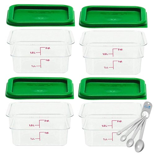 Lumintrail Cambro Polycarbonate Square 2 Quart Food Storage Container, 4 Pack Clear, with 4 Kelly Green Lids, Bundle with a Measuring Spoon Set
