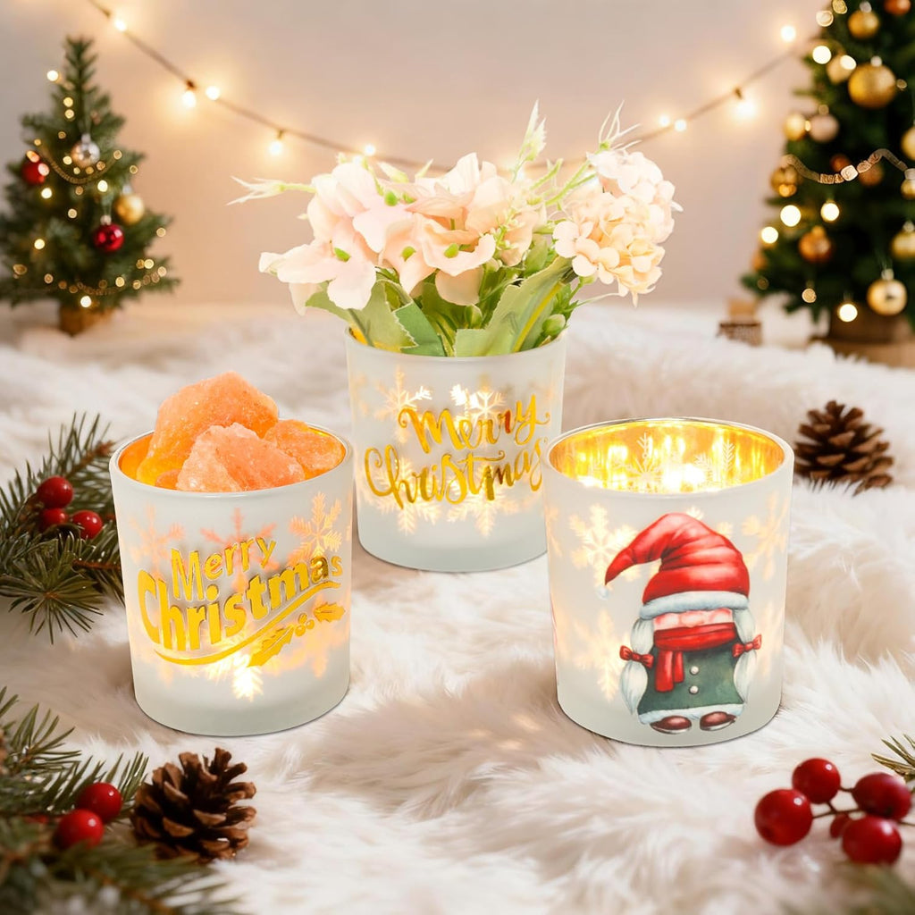 Regine Switzerland Christmas Votive Candle Holders - Set of 3 White, Gold & Red Glass for Holiday Decor | Gnome, Truck & Snowman Designs