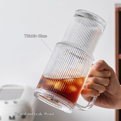 INSETLAN 24oz Glass Tumbler Set - Ribbed Design with Handle & Lid | Perfect for Iced Coffee, Smoothies & More