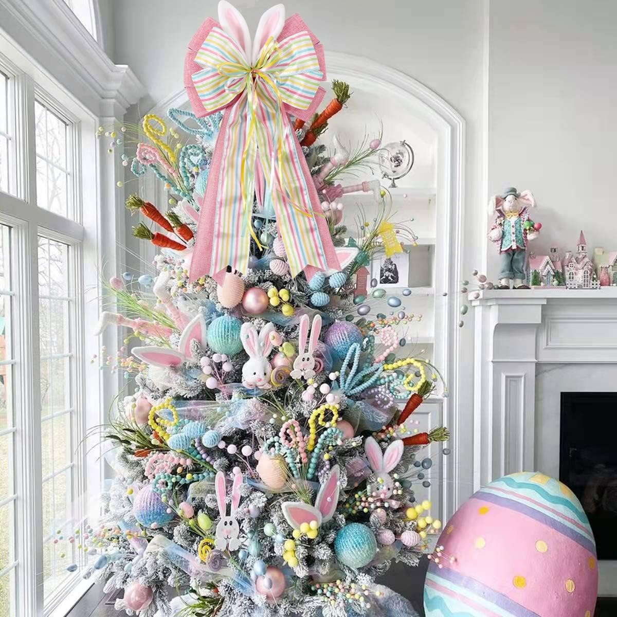 Skiennix Easter Bows for Wreaths - Decorative Pink Burlap Bow with Bunny Ears for Spring Decor