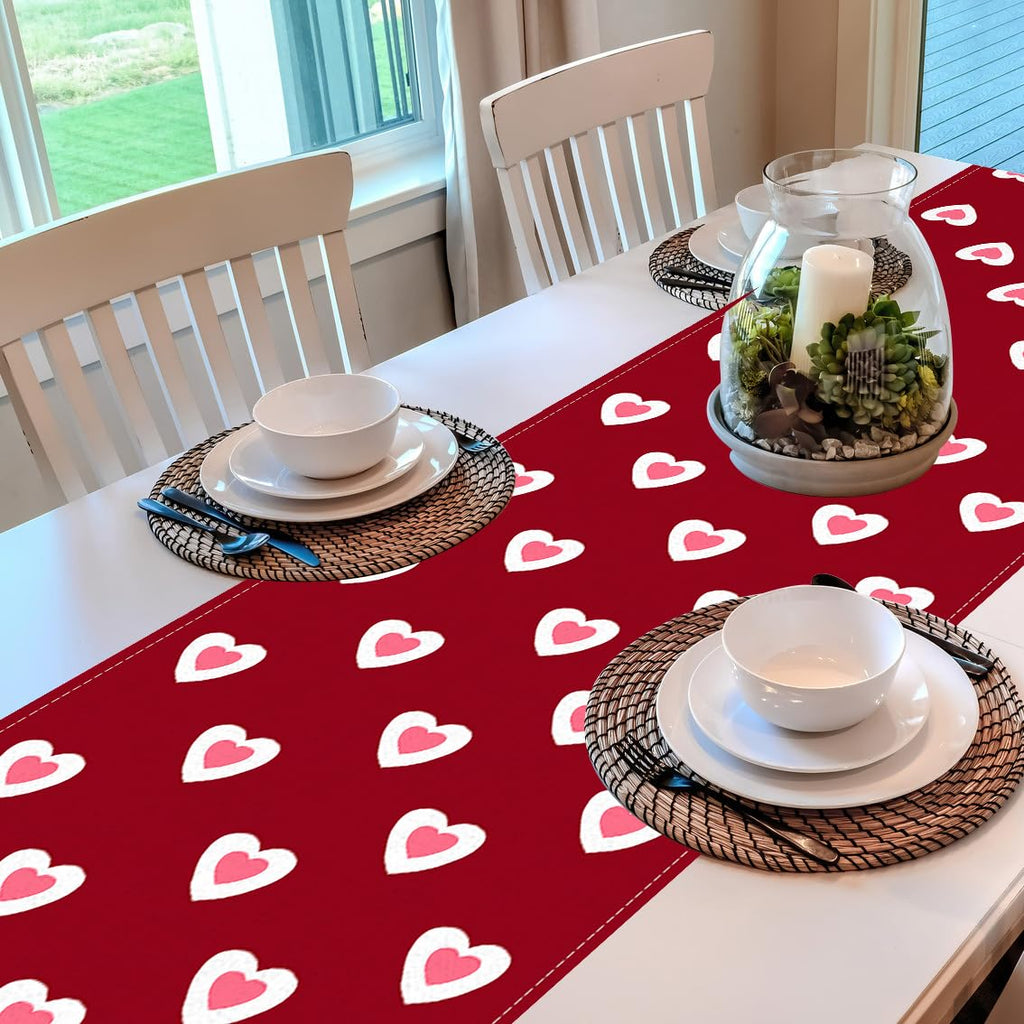 Valentine's Day Table Runner Linen Red Love Heart Table Runner Love Cloth Dresser Scarves for Valentines Holiday Home Kitchen Dining Style Table Decoration (13*72 Inch)