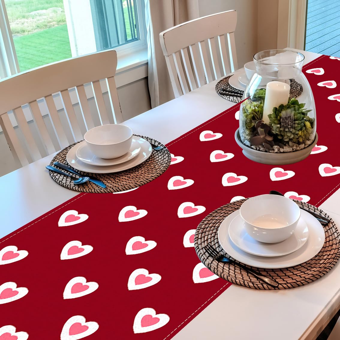 Valentine's Day Table Runner Linen Red Love Heart Table Runner Love Cloth Dresser Scarves for Valentines Holiday Home Kitchen Dining Style Table Decoration (13*72 Inch)