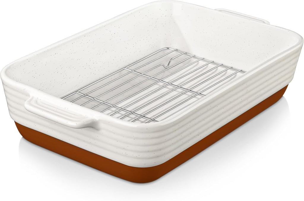 MALACASA 4.8 Qt Ceramic Baking Dish - Deep Roasting Pan with Stainless Steel Rack & Handles | 9x13 Inch, Khaki & White