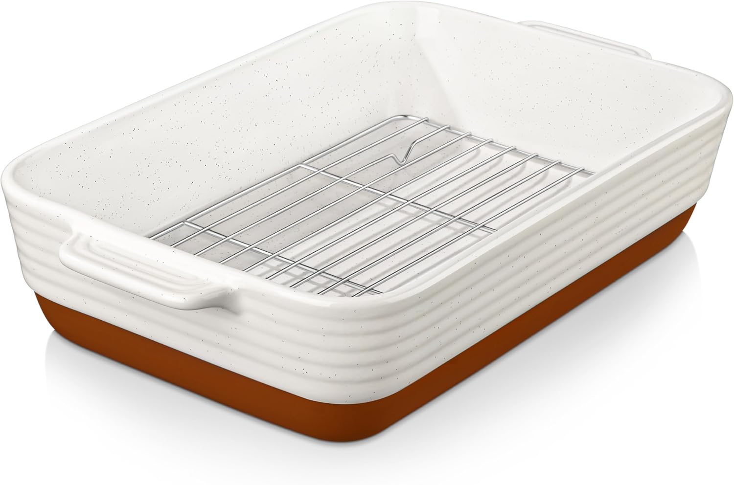 MALACASA 4.8 Qt Ceramic Baking Dish - Deep Roasting Pan with Stainless Steel Rack & Handles | 9x13 Inch, Khaki & White