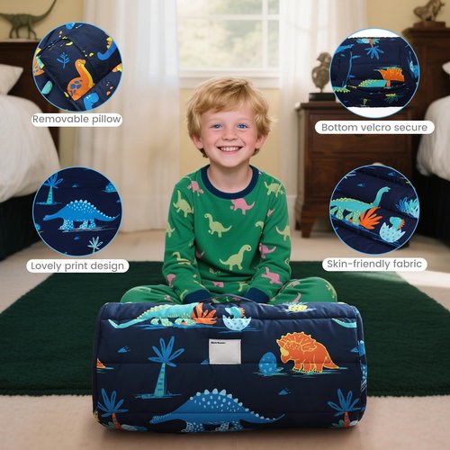 david's kids Toddler Nap Mat Set with Removable Pillow, Ultra Soft Slumber Bags for Boys, Perfect for Preschool, Daycare, Kids Sleeping Bags with Rollup Design, 50"x20", Dinosaur