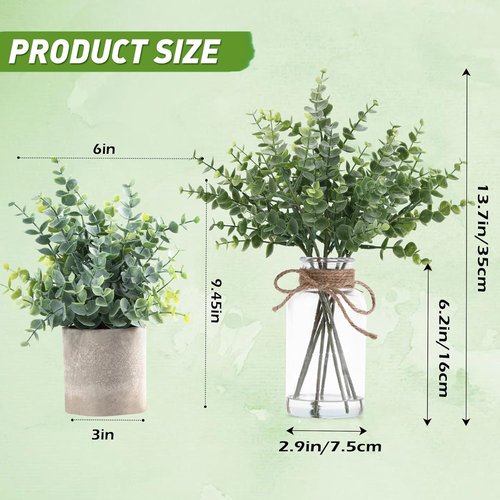 Coforset Eucalyptus Stems - Realistic Fake Plants in Glass Vase with Faux Water | 14" Sage Green Decor for Home & Office
