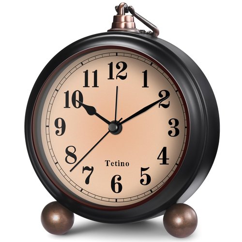Tetino Analog Alarm Clock,Battery Powered Desk Clocks with Night Light,Silent Non Ticking,Retro Simply Design Alarm Clocks for Living Room, Bedroom, Bedside,Dormitory,Decor,Gift (Black)