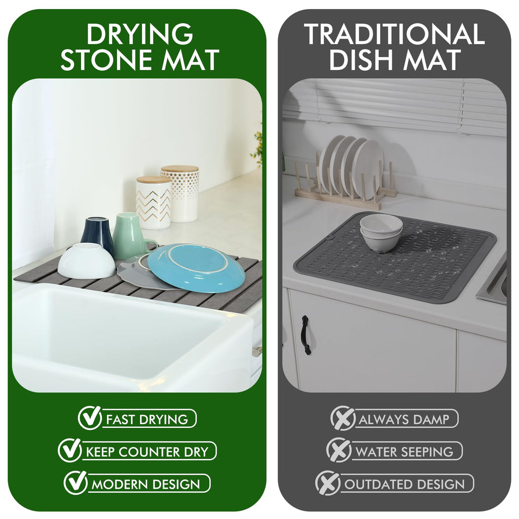 Oxydrily Stone Dish Drying Mat for Kitchen Counter,Large Dark Gray Foldable Diatomaceous Earth Dish Drying Mat,Quick-Dry Absorbent Bath & Countertop Stone Dishes Mats for Dishes Bottles Cups 23"x15.3"
