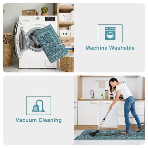KIMODE Kitchen Rugs Sets of 3, Boho Oriental Kitchen Rugs Non Skid Washable, Turquoise Long Kitchen Mats for Floor, Comfort Cushioned Kitchen Runner Rug for Kitchen Hallways Laundry Sink Bathroom