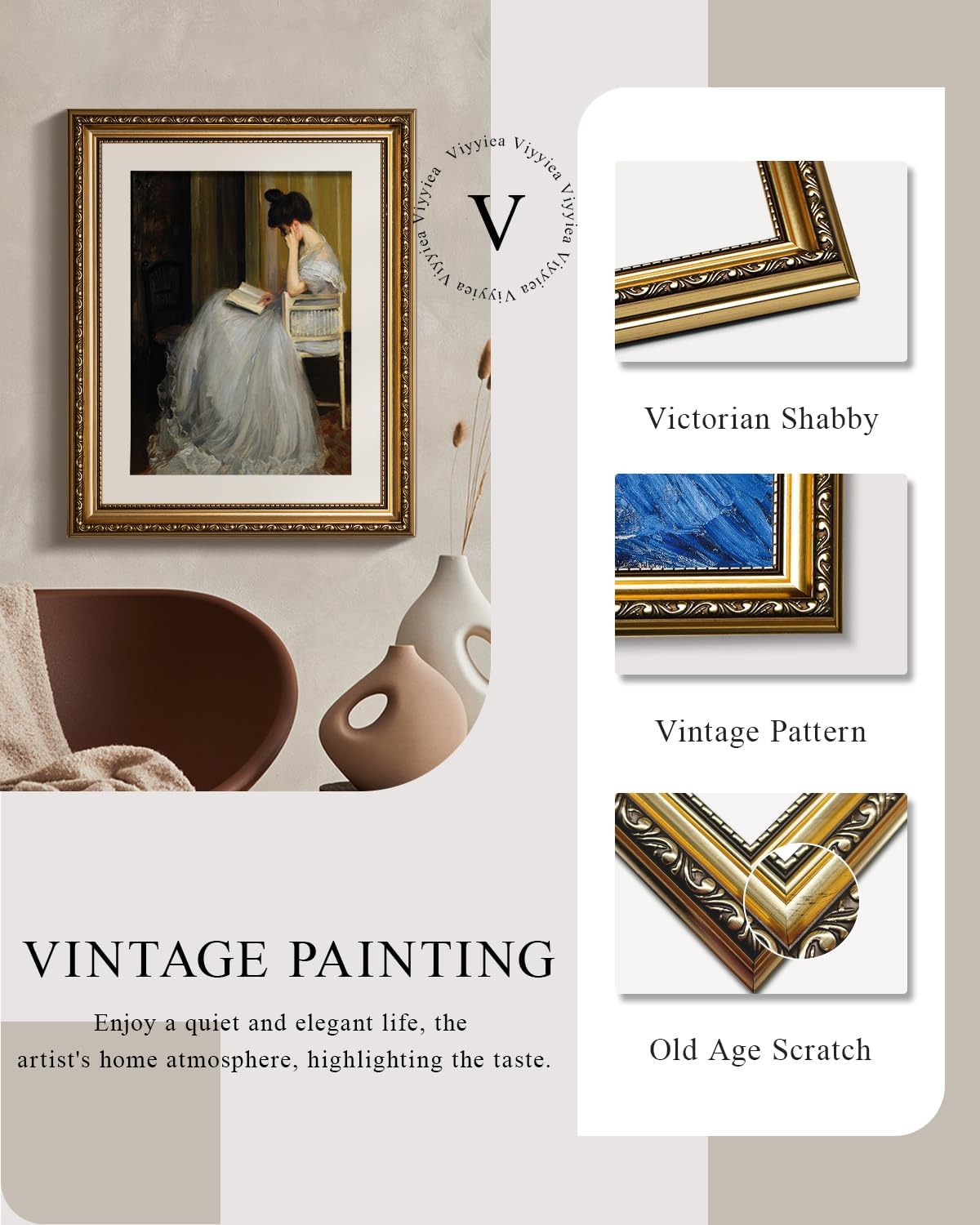 VIYYIEA Gold Framed Canvas Print - Vintage Women Reading Wall Art for Living Room & Bedroom | 13x16in