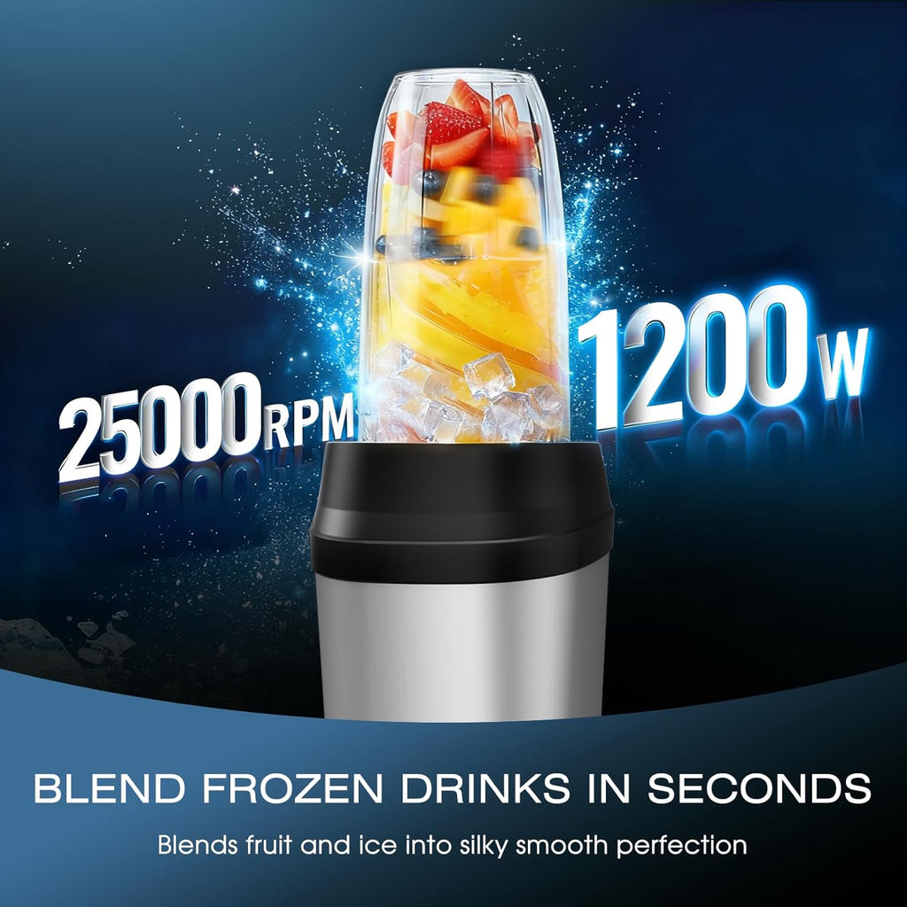 Nahida Blender - 1200W Smoothie Blender for Ice Crushing | Personal Blenders with 2 Six-Fin Blades & Easy Go Cups (23oz, 32oz, 37oz) - Silver
