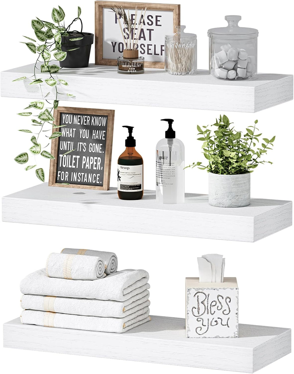 QEEIG Floating Shelves - Stylish Wall Storage for Bathroom, Bedroom & Kitchen - Set of 3, 16 Inch, White