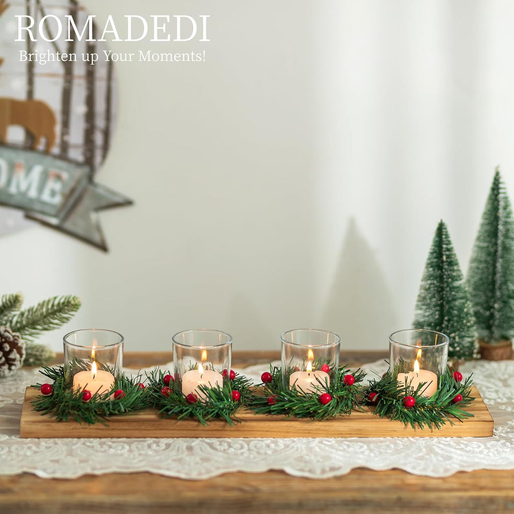 Romadedi Christmas Candle Holder - Rustic 4 Tealight Holders with Mini Wreaths | 16.5-Inch Wooden Tray for Table Centerpiece Decor