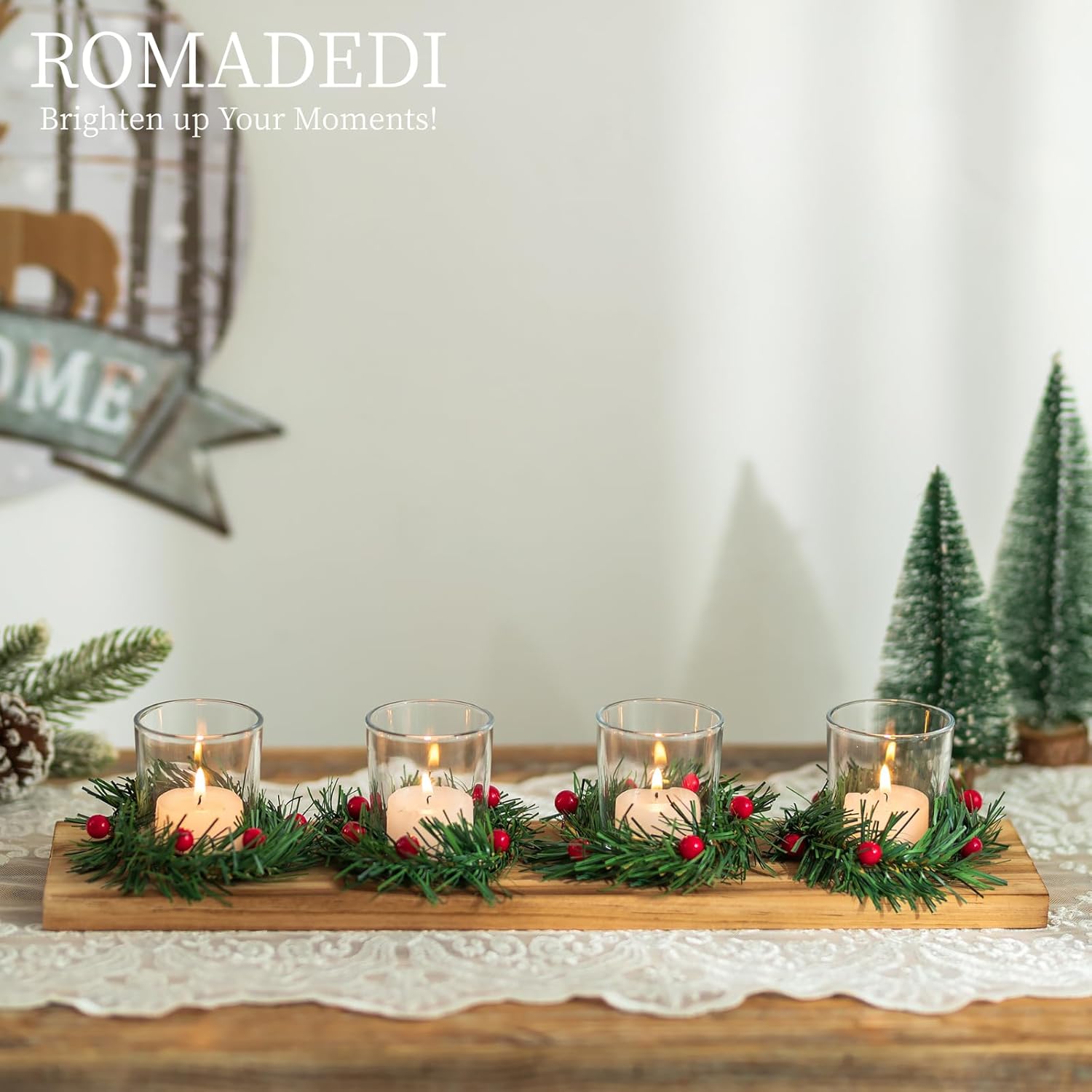 Romadedi Christmas Candle Holder - Rustic 4 Tealight Holders with Mini Wreaths | 16.5-Inch Wooden Tray for Table Centerpiece Decor