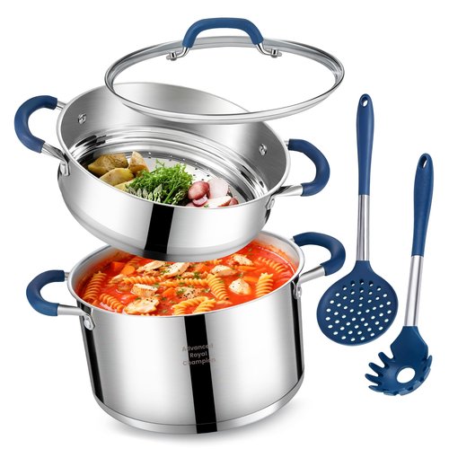 ARC 6QT Stainless Steel Stock Pot w/Steamer Basket, Multi-steamer Pot With Tempered Glass Lid for Cooking, Multipurpose Cookware with Silicone Handle for Veggies, Soup, Seafood, Induction-Ready