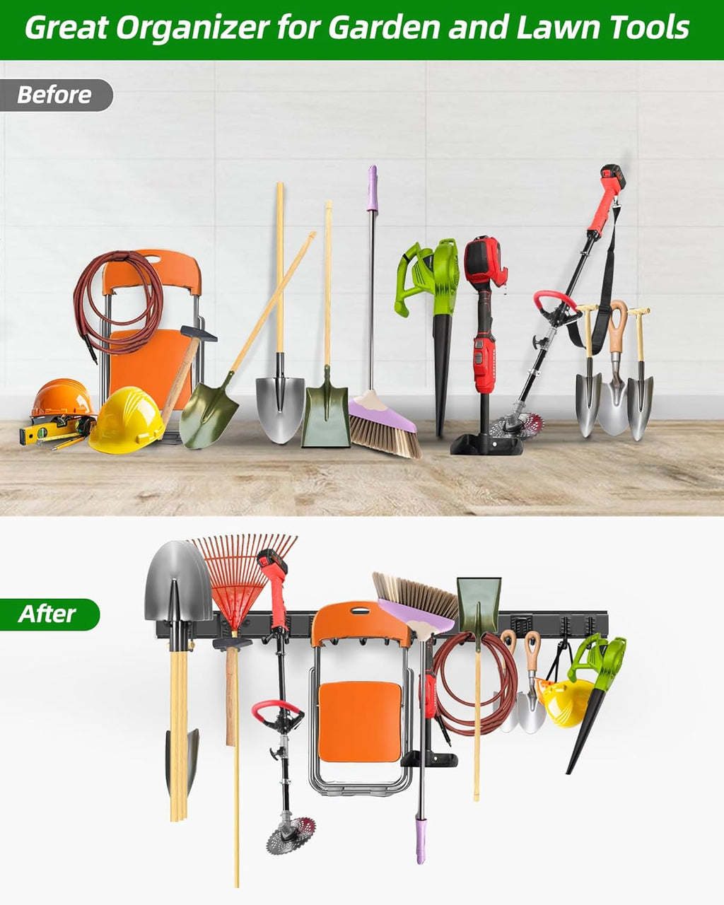 PIYILO Garage Tool Organizer - Heavy Duty Wall Mount Rack with 10 Hooks for Lawn Tools | 64 Inches