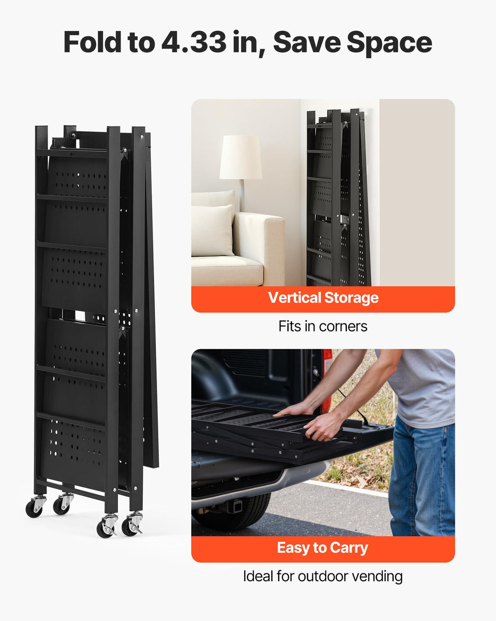VEVOR 3-Tier Foldable Storage Shelf, 30W x 13D x 36H Inch Folding Metal Rack Shelving Unit, No Assembly Organizer Shelf with 5 Wheels & 4 Hooks for Pantry, Kitchen, Garage, Basement, Black