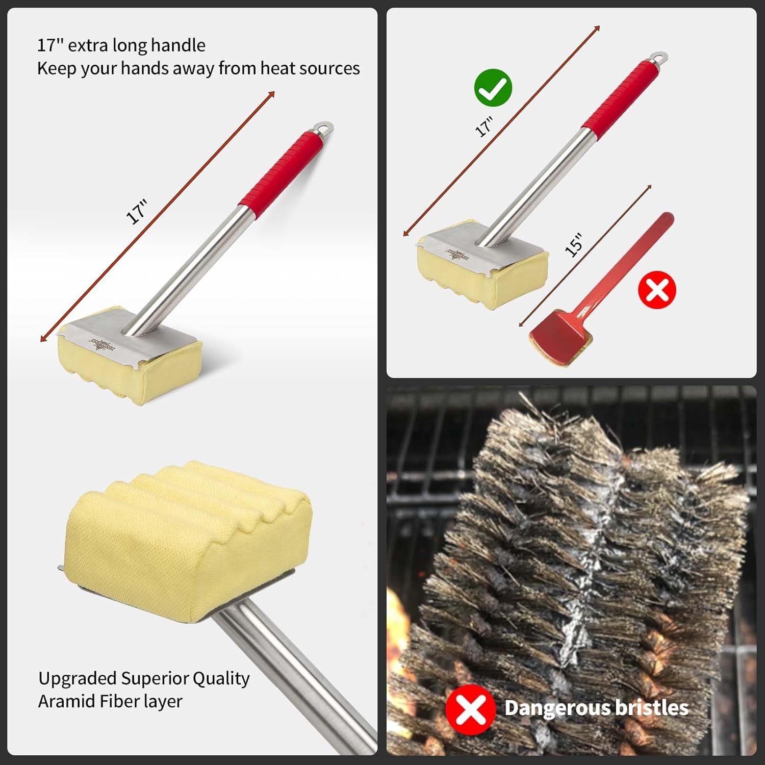 XUDAKAIXIN Grill Brush - Bristle-Free Aramid Fiber Pad for Seamless Fit on Cast Iron & Stainless Steel Grates | Safe BBQ Cleaner