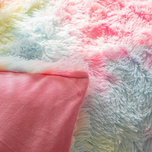 Roscloud Faux Fur Kids Girls Rainbow Comforter Sets Queen - 3PC Bed Set Warm Comfortable Soft Plush Flannel Velvet Fluffy Fuzzy Bedding（Comforter x 1 Pillowcases x 2）