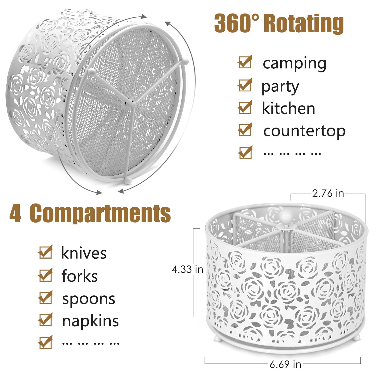 DysanVica 360° Rotating Metal Silverware Caddy - 4 Compartment Utensil Cutlery Holder Fork Spoon Napkin Organizer Flatware Storage Basket Party Countertop Buffet Picnic Camping Outdoor (White)