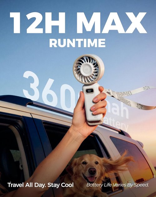 Diveblues Portable Turbo Fan - 100 Speed Handheld Fan with Strong Airflow | Foldable 4-in-1 Design for Neck, Desk & Travel, USB-C Rechargeable