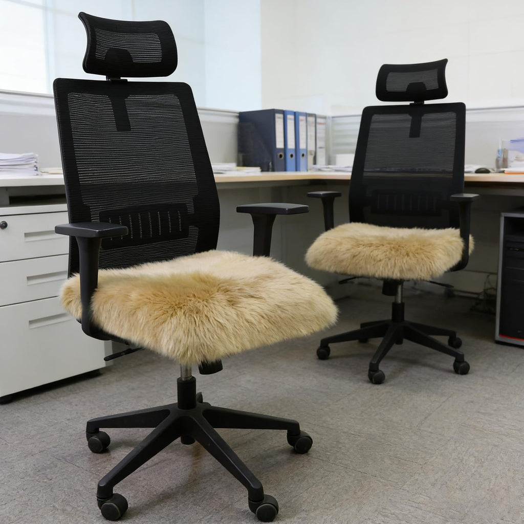 RZLWOOL Natural Wool 2 Pack Luxury Sheepskin Seat Cushion Fluffy Chair Pad for Sofa Office Chair Dining Chair Cushion Bedroom Seat Cushion Dining Chairs(18x18 Inch,Khaki Brown)