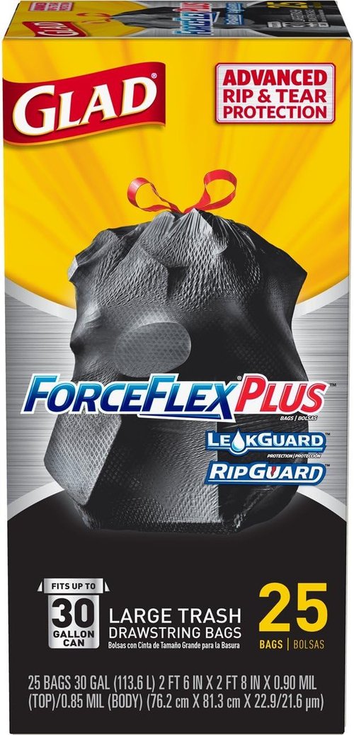 Glad Trash Bags - ForceFlexPlus 30 Gallon Large Drawstring Garbage Bags | 25 Count, Pack of 6