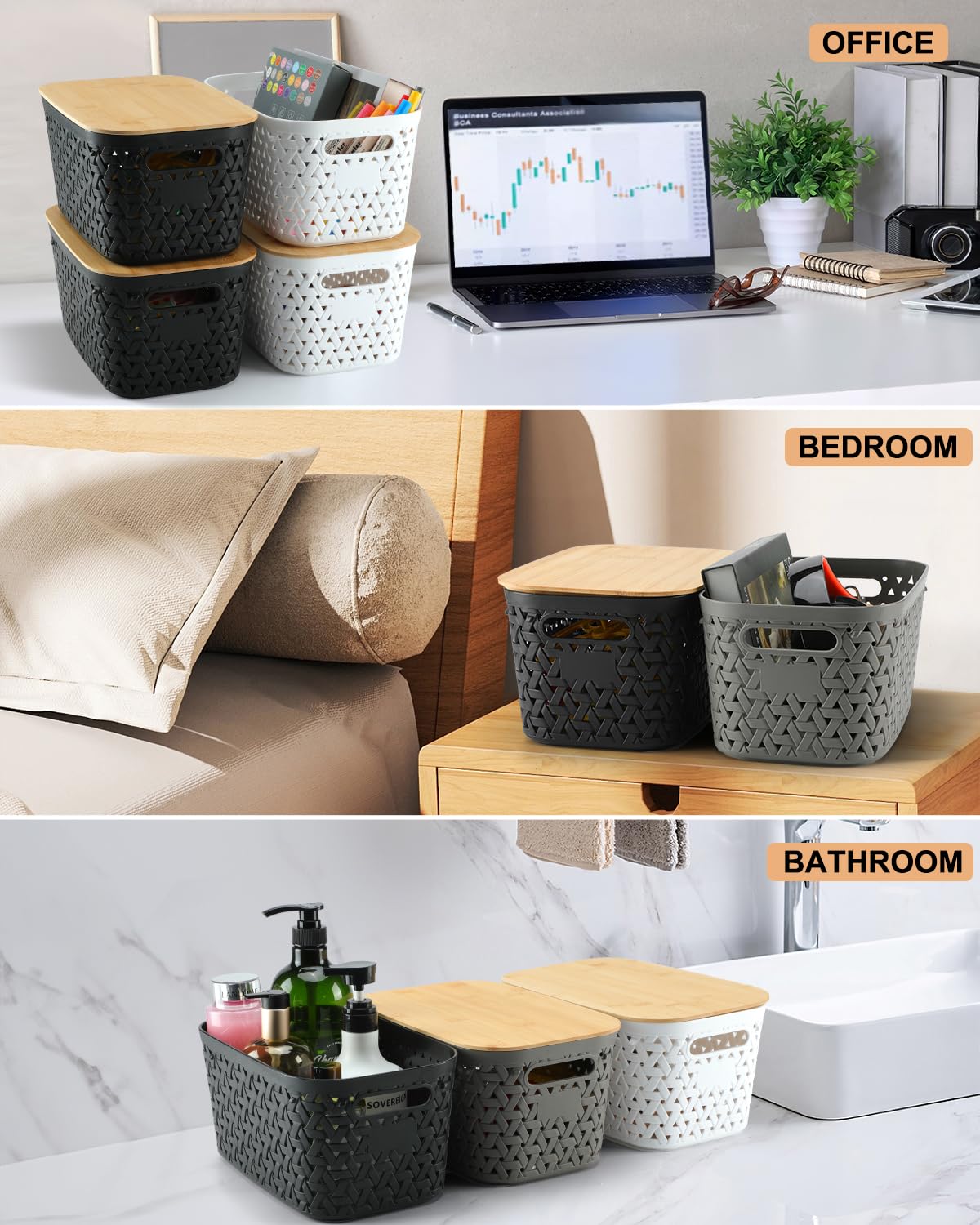 NEATJELAI Plastic Storage Bins with Bamboo Lids 6 Packs,Storage Baskets Pantry Decorative Containers for Organizing Desktop Closet Playroom Classroom Office,Gray,11.6*7.2*5.7'’