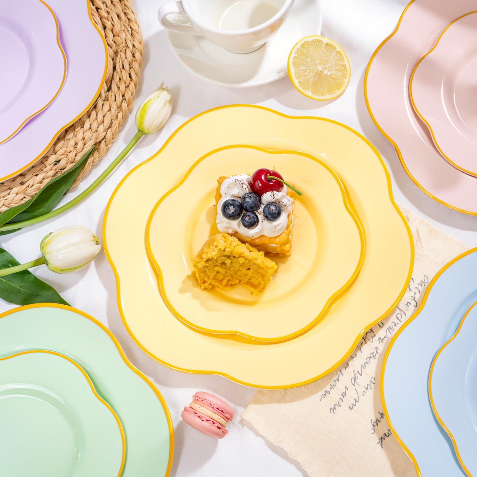 Liacere 50PCS Yellow Plastic Plates - Heavy Duty Disposable -Yellow and Gold Include 25PCS 7inch and 25PCS 10inch Plates for Mothers Day & Baby Shower & Spring & Party