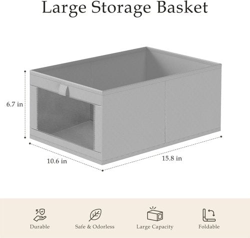 Criusia Linen Closet Organizers - 4 Pack Large Foldable Storage Baskets for Towels, Clothing & More | Grey