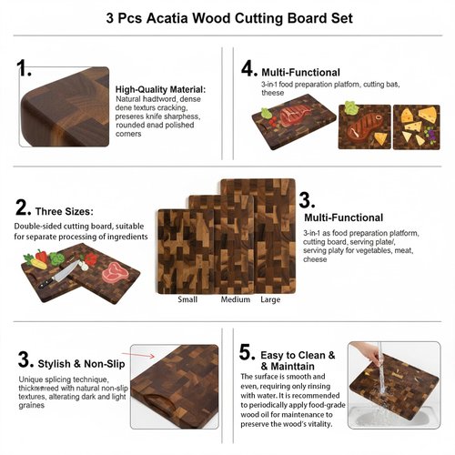 3 Pcs Acacia Wood Cutting Board, Wooden Cutting Boards for Kitchen, Reversible Wooden Chopping Board, End Grain Cutting Board, Built-In Handles, Wooden Trays for Meat, Fruit Vegetable and Cheese